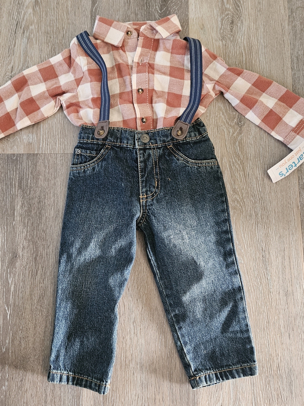 Carter's Dark Wash Jeans with Blue Striped Suspenders and Brown Plaid Shirt